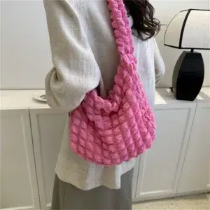 Crossbody Bag With Pleated Design Embroidered Plaid Shoulder Bag Underarm Bags Simple Large Capacity Quilted Tote Bags For Women