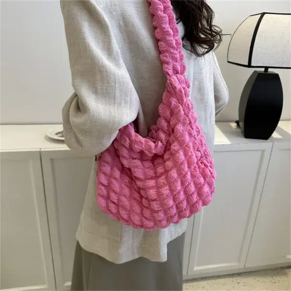 Crossbody Bag With Pleated Design Embroidered Plaid Shoulder Bag Underarm Bags Simple Large Capacity Quilted Tote Bags For Women - Image 2