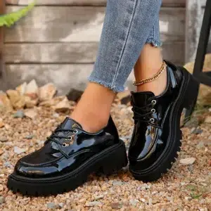 Women's Patent Leather Platform Loafers Round Toe Lace Up Flats Shoes Woman Spring Autumn Non Slip Black Oxfords Shoes Plus Size