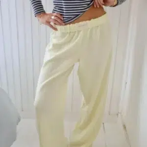 New Trendy Striped Print Long Pant Women Elastic Waist Drawstring Wide Leg Pants Fashion Casual Cotton Famale Straight Trousers