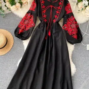 Women Autumn Dresses Bohemian Embroidered Flower O-Neck Lantern Sleeve High Waist Pleated Dress All-match Female Vestidos PL393