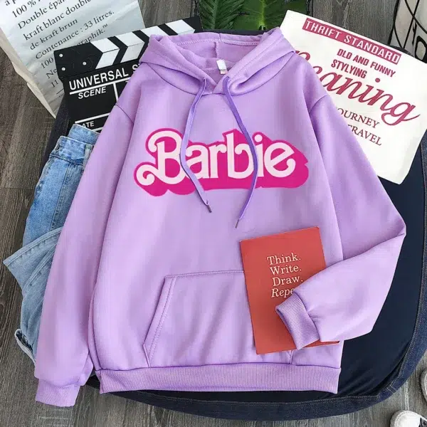 Pink Hoodie Women's Hoodie Cartoon Printed Barbie Spring Fall Long Sleeve Sportswear Girls Clothing Casual Loose Sweatshirt - Image 5