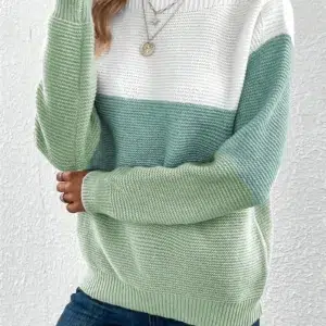 Elegant Three-color Patchwork Sweater Women Daily Commuter Casual Loose Jumpers Female Autumn Winter Knitted Thickened Warm Tops