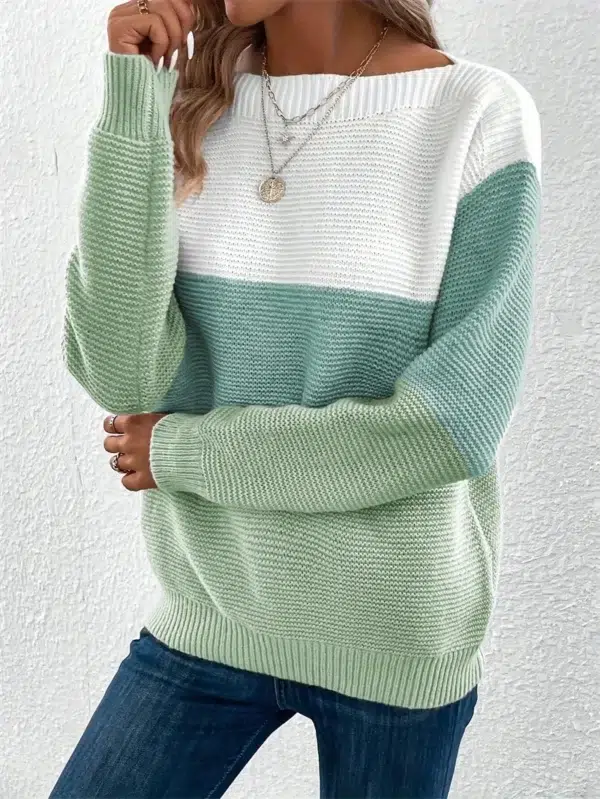 Elegant Three-color Patchwork Sweater Women Daily Commuter Casual Loose Jumpers Female Autumn Winter Knitted Thickened Warm Tops - Image 2