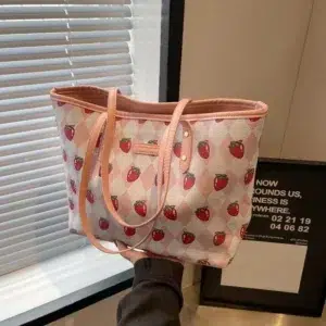 PU Large Capacity Tote Bags Zipper Strawberry Commuting Fresh Fashion Shoulder Bags for Women 2024 High Quality Tote