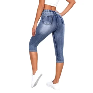 Women Denim Jeans Shorts Drawtring High Waist Stretch knee Length Ripped Hole Short Jean Pants