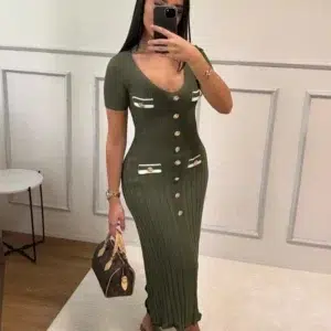 Elegant Knitted Long Dress Women Summer V Neck Single Breatsed Short Sleelve Bodycon Dresses Fashion Party Office Lady Vestidos