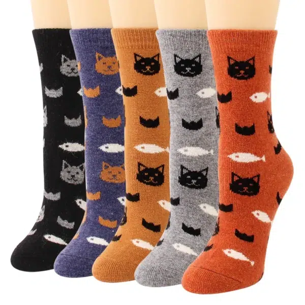 5 Pairs Winter Women Wool Socks Vintage Animal Cat Pattern Warm Socks Thick Cozy Knit Casual Mid Tube Boot Socks - Image 2