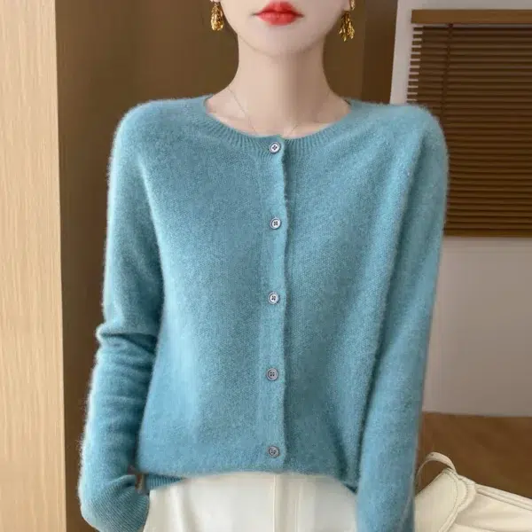 Spring Autumn New Cashmere Sweater 100% Merino Wool Knitted Cardigan Round Neck Long Sleeve Solid Color Coat Top Casual Fashion - Image 2