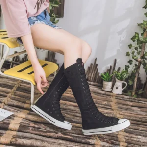 High Top Women's Canvas Shoes Knee High Boots Side Zipper Flats Vulcanized Shoes Lace-Up Comfortable Platform Sneakers Female