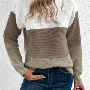 Elegant Three-color Patchwork Sweater Women Daily Commuter Casual Loose Jumpers Female Autumn Winter Knitted Thickened Warm Tops