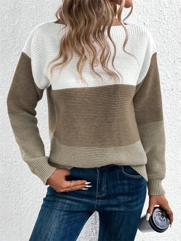 Elegant Three-color Patchwork Sweater Women Daily Commuter Casual Loose Jumpers Female Autumn Winter Knitted Thickened Warm Tops - Image 4