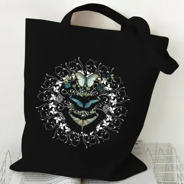 Flower Butterfly Design Canvas Shopping Bag Hot Selling Fashion Reusable Women Tote Bags Butterfly Lover Folding Shopping Bags - Image 2