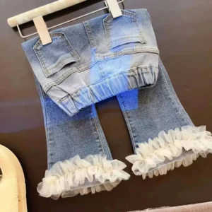 2024 Spring Autumn Toddler Girl Denim Pant Cotton Solid Elastic Waist Baby Girl Flared Pants Loose Lace Split Hem Kid Girl Jeans