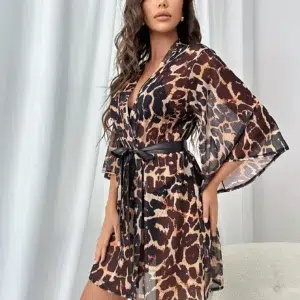 Leopard Kimono Belt Bath Robe Bridesmaid Wedding Party Long Sleeve Lingerie Sexy Nightwear Nesh Women's Sleepwear