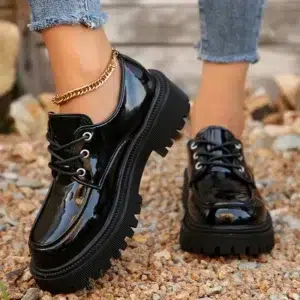 Women's Patent Leather Platform Loafers Round Toe Lace Up Flats Shoes Woman Spring Autumn Non Slip Black Oxfords Shoes Plus Size