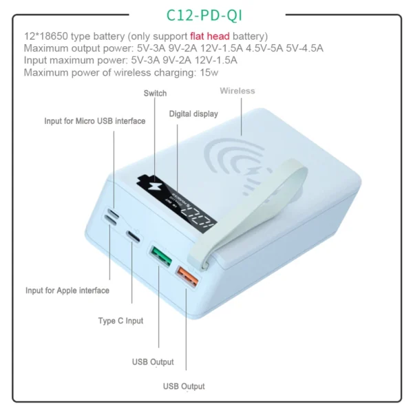 18650 Battery Power Bank Case C12 Charger Box Holder Dual USB LCD Display Support Quick Wireless Charger Battery Shell Storage - Image 6