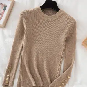 2024 women thick sweater pullovers khaki casual autumn winter button o-neck chic sweater female slim knit top soft jumper tops