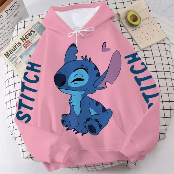 Disney Hoodie Fashion Stitch Angel Monster Letter Cartoon Sweatshirt Pullover Cute Harajuku Unisex Women's Pocket Top