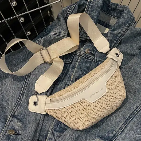 Women's Waist Pack Leather Straw Woven Chest Bag Travel Casual Shoulder Crossbody Bags For Women 2023 Summer Fanny Pack Purse - Image 2