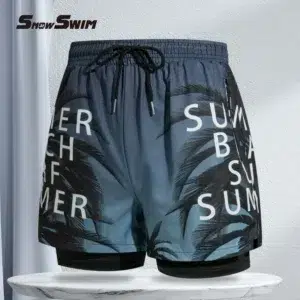 Double-layer Swim Trunks for Men Boxer Shorts Anti-embarrassment Lined with Professional Beach Pants Adult Swim Gear