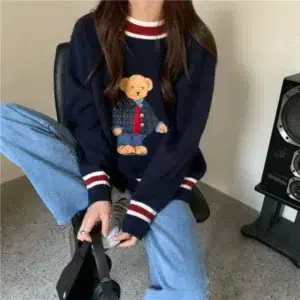 Korean Reviews Many Clothes Lazy Knitwear Bear Pullovers Youthful Woman 2024 New Collection Autumn Winter Warm Loose Jerseys