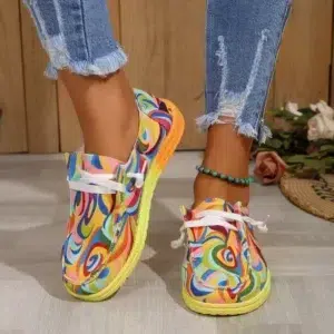 Women Ethnic Rainbow Canvas Shoes Autumn New Casual Daily Ladies Flat Shoes Round Toe Multi-Color Print Lace-up Sneakers