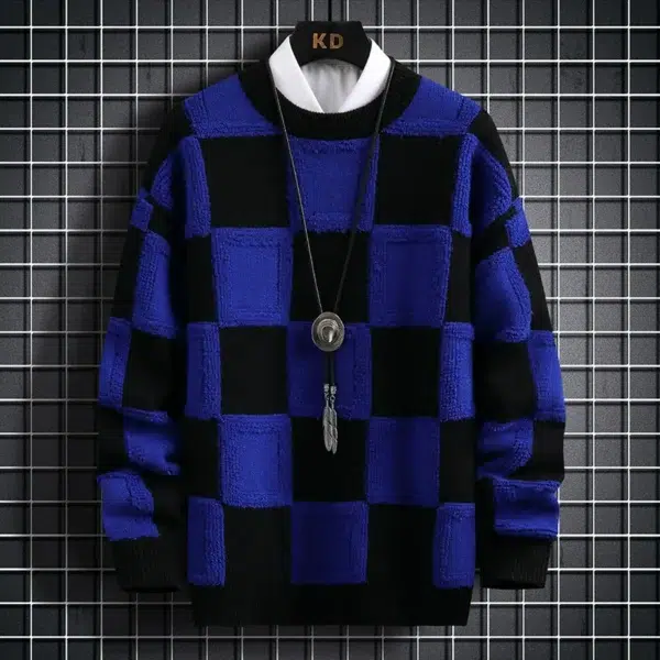 Brand Clothing Men Loose Knit Sweaters Men's High Quality Round Neck Plaid Pullover/Man Fashion Harajuku Warm Cashmere Sweaters - Image 2