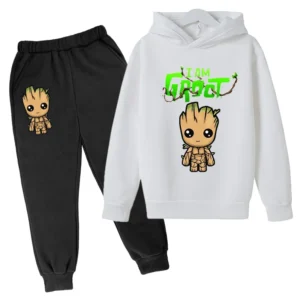 Kawaii Baby Groot Print Hoodie Children's Fashion Street Hoodie+Pants Suit Casual Jogging Sweatshirt I Am Groot Funny Cartoon G