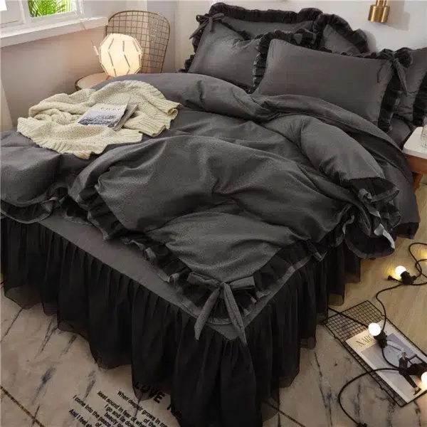 Luxury Black Princess Bedding Sets Kawaii Bed Skirt Sheet Pillowcase Fashion Girl Duvet Cover 4 Pieces Home Decoration - Image 2