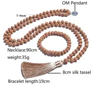 7-8mm Original Rudraksha Beaded Knotted Japamala Necklace Bracelet Set Meditation Yoga Blessing Jewelry 108 Mala Rosary