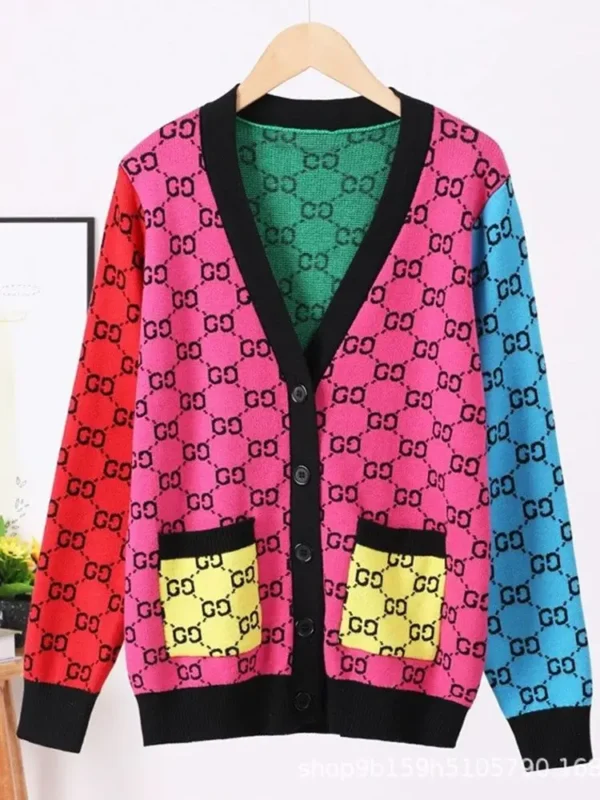 Sweater cardigan small fragrance style V-neck color blocked pocket long sleeved knitted cardigan women's fashionable loose top - Image 3