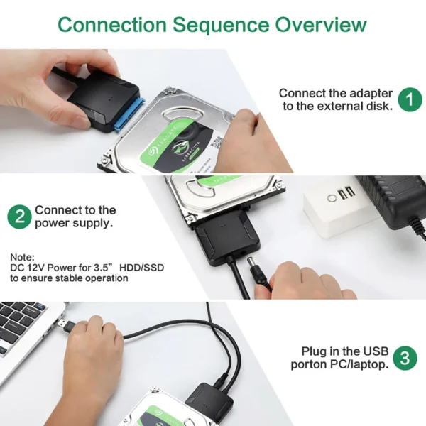 USB 3.0 to SATA Cable SATA III Hard Drive Adapter Converter for 2.5" 3.5" SSD HDD Hard Drive Disk with 12V/2A Power Adapter - Image 6