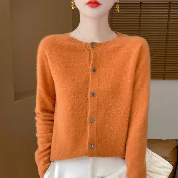 Spring Autumn New Cashmere Sweater 100% Merino Wool Knitted Cardigan Round Neck Long Sleeve Solid Color Coat Top Casual Fashion - Image 5