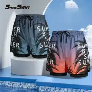 Double-layer Swim Trunks for Men Boxer Shorts Anti-embarrassment Lined with Professional Beach Pants Adult Swim Gear