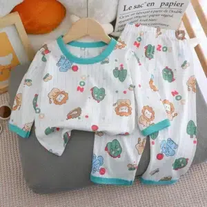 2024 New Kids Boys Girls Summer Pure Cotton Thin Pajamas Cute Cartoon Print Long Sleeve T-Shirt Tops + Pants Baby Clothing Sets