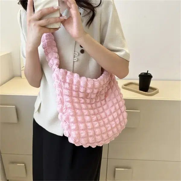 Crossbody Bag With Pleated Design Embroidered Plaid Shoulder Bag Underarm Bags Simple Large Capacity Quilted Tote Bags For Women - Image 3