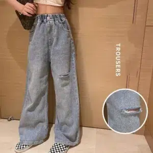 Middle Big Children Fashion Hole Mopping Jeans Girls Foreign Style All-mathc Loose Wide-leg Pants Children Casual Korean Trouser