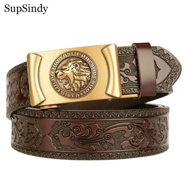 SupSindy Men Genuine Leather Belt Luxury Gold Lion Metal Automatic Buckle Cowhide Belts for Men Jeans Waistband Male Strap Black