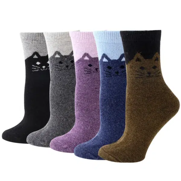 5 Pairs Winter Women Wool Socks Vintage Animal Cat Pattern Warm Socks Thick Cozy Knit Casual Mid Tube Boot Socks - Image 5