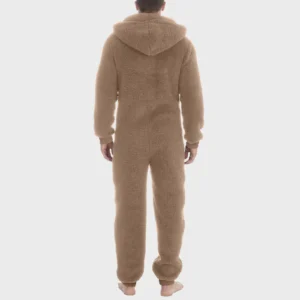 Men Artificial Wool Pajamas Solid Color Zipper Loose Hooded Jumpsuit Winter Warm Rompe One Piece Fleece Plush Sleepwear Clothes