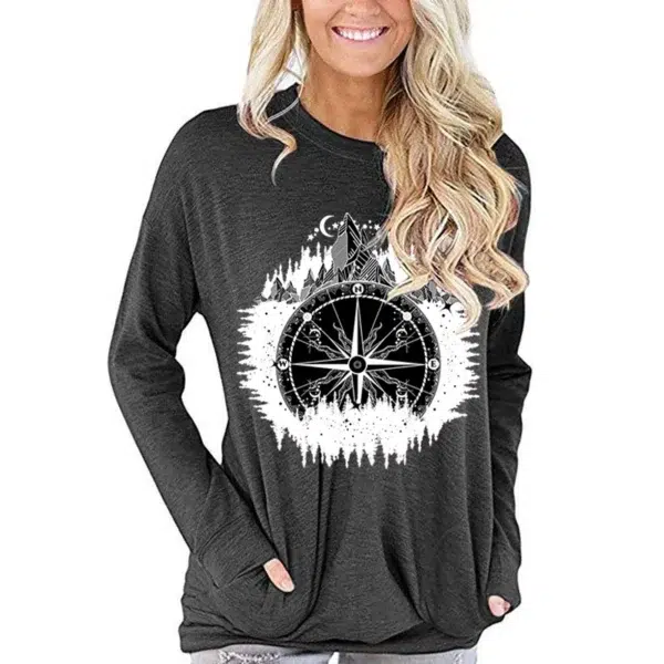 Trendy Women's Long Sleeve T-shirt Mountain Compass Graphic Tee Forests Moon Design T-shirt Female Compass Hiking Fall Clothes - Image 3