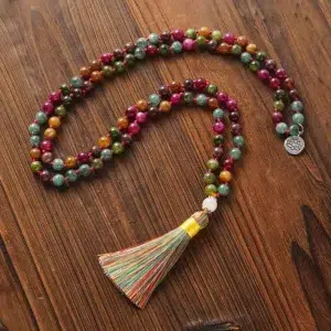 Colorful Tourmaline Beads Necklace for Men and Women, 108 Mala Beads, Meditation Prayer Jewelry, Japamala Rosary, 8mm