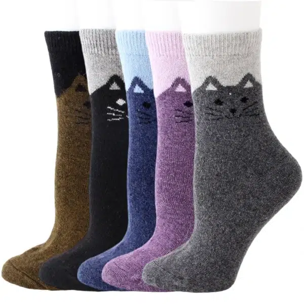 5 Pairs Winter Women Wool Socks Vintage Animal Cat Pattern Warm Socks Thick Cozy Knit Casual Mid Tube Boot Socks - Image 3