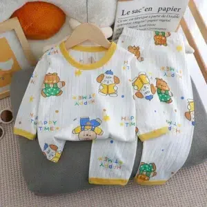 2024 New Kids Boys Girls Summer Pure Cotton Thin Pajamas Cute Cartoon Print Long Sleeve T-Shirt Tops + Pants Baby Clothing Sets