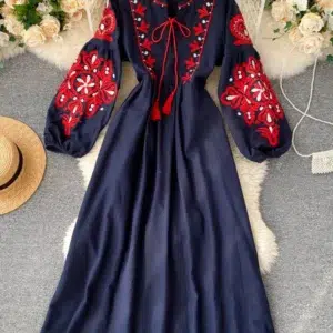 Women Autumn Dresses Bohemian Embroidered Flower O-Neck Lantern Sleeve High Waist Pleated Dress All-match Female Vestidos PL393