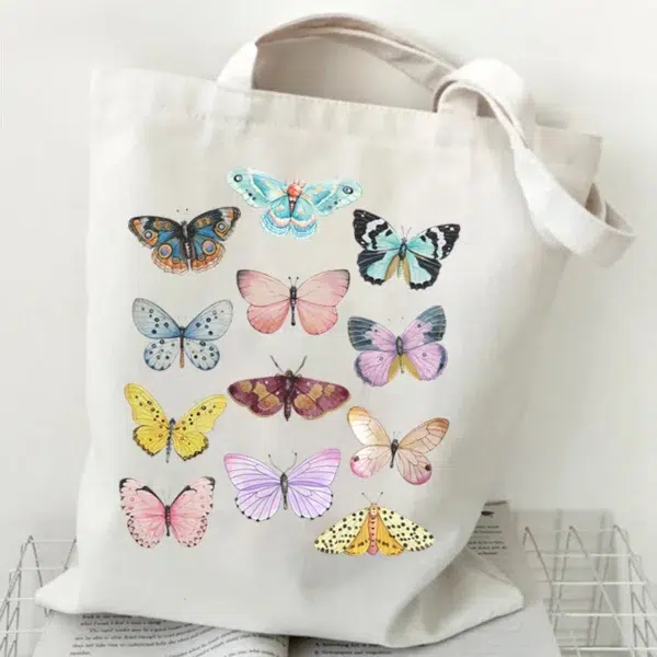 Flower Butterfly Design Canvas Shopping Bag Hot Selling Fashion Reusable Women Tote Bags Butterfly Lover Folding Shopping Bags - Image 4