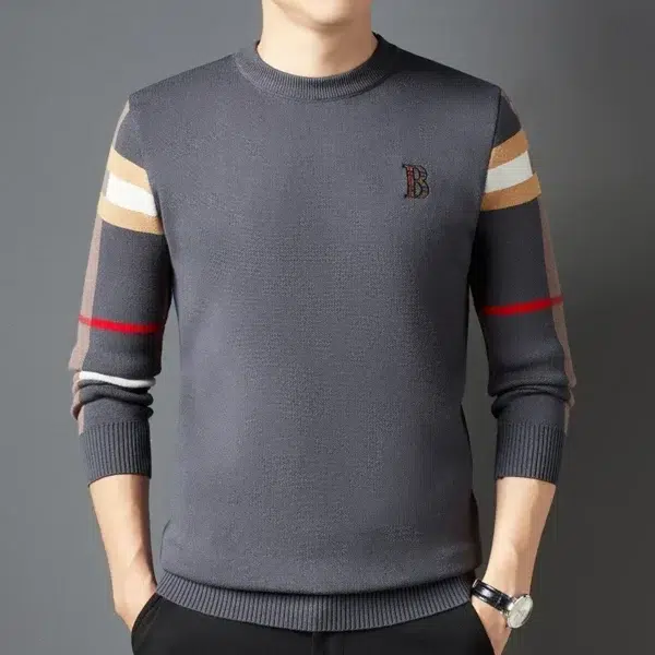 Men's Sweater Knitted Pullover 2024 Autumn/Winter New Soft Warm Striped Checker Round Neck Sweater Casual Fashion Men Clothing - Image 5