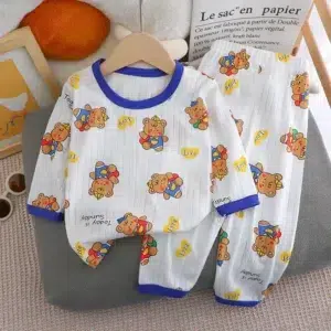 2024 New Kids Boys Girls Summer Pure Cotton Thin Pajamas Cute Cartoon Print Long Sleeve T-Shirt Tops + Pants Baby Clothing Sets