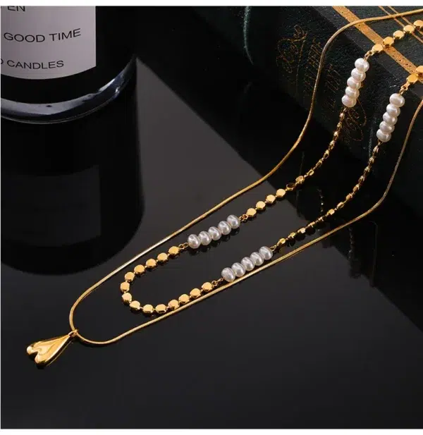 Natural Freshwater Pearl Necklace Women's Luxury Copper Beaded Heart Pendant Double Layer Aesthetic Necklace Female Jewelry Gift - Image 6